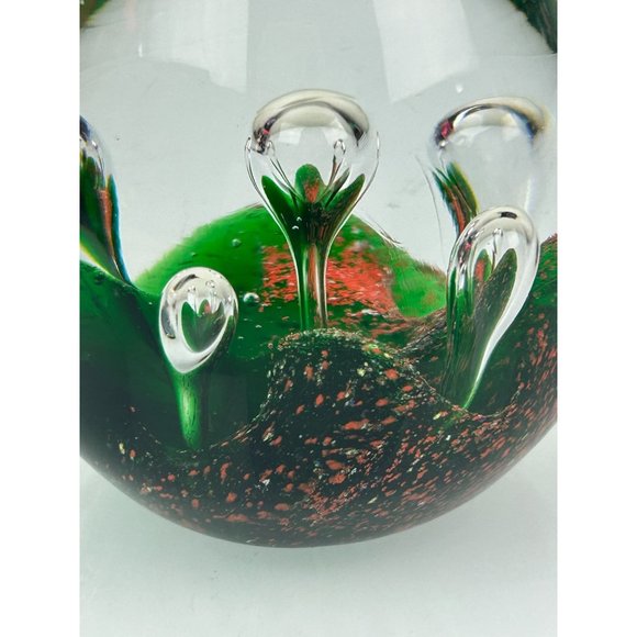 Art Glass Egg Shaped Paperweight Green Orange Controlled Bubble Office Decor - Picture 3 of 9